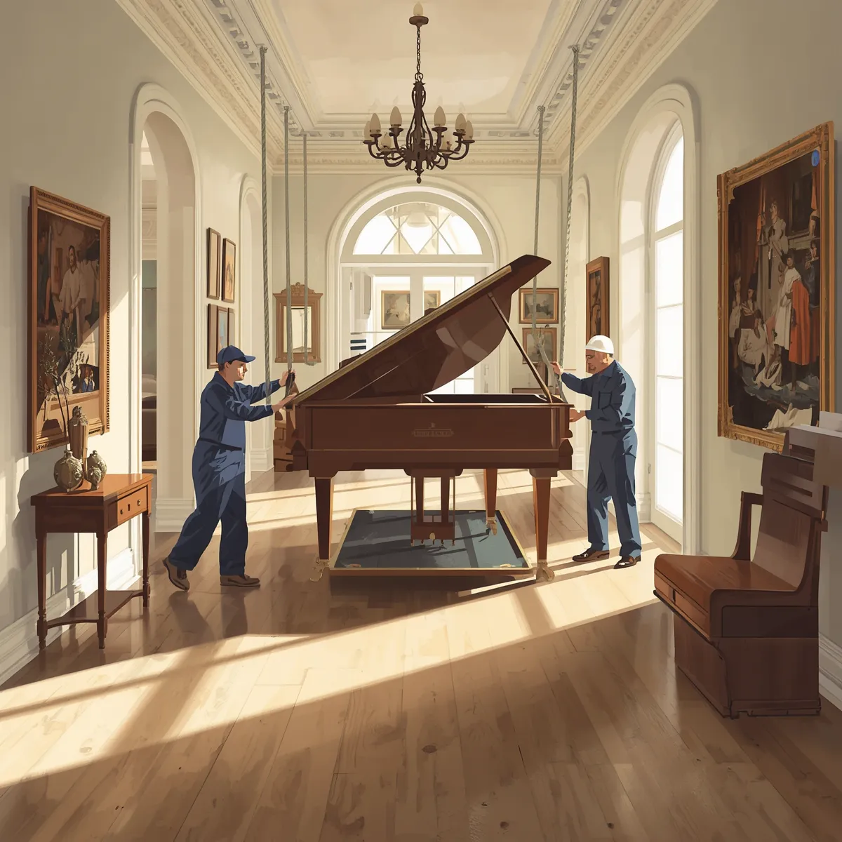 Professional piano movers handling grand piano carefully inside luxury home - specialized piano moving service