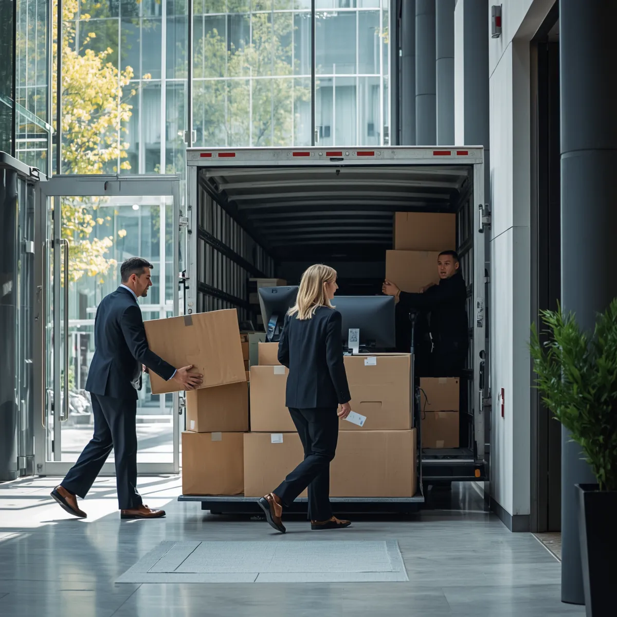 Office relocation team moving boxes and IT equipment for business - professional corporate moving service