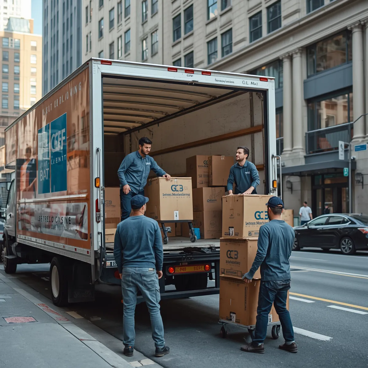 Professional movers loading boxes into a moving truck - local moving and loading service in Oman