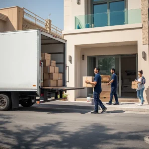 Professional local movers loading boxes into truck - local moving service