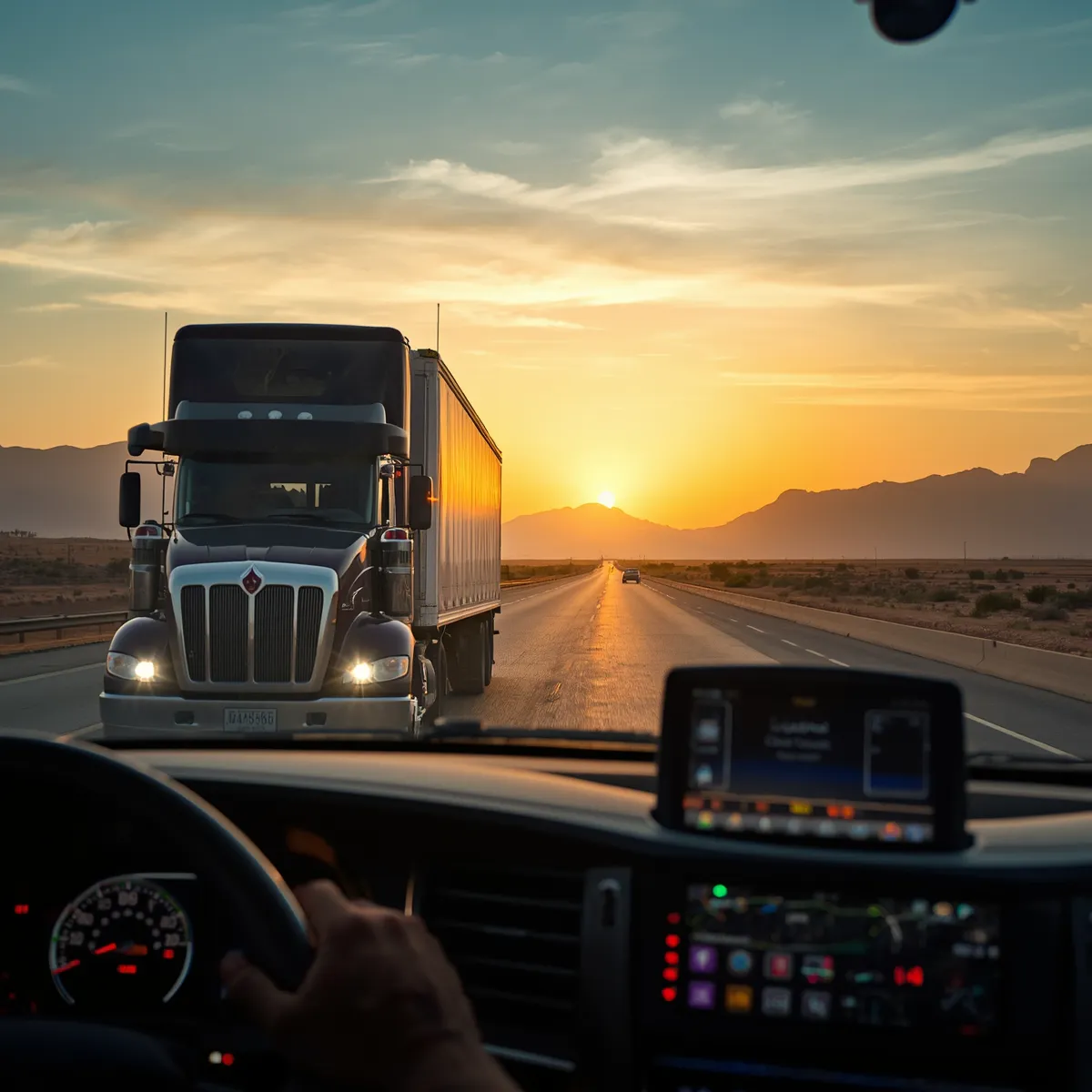 Long distance moving truck on highway at sunset - intercity relocation service across Oman