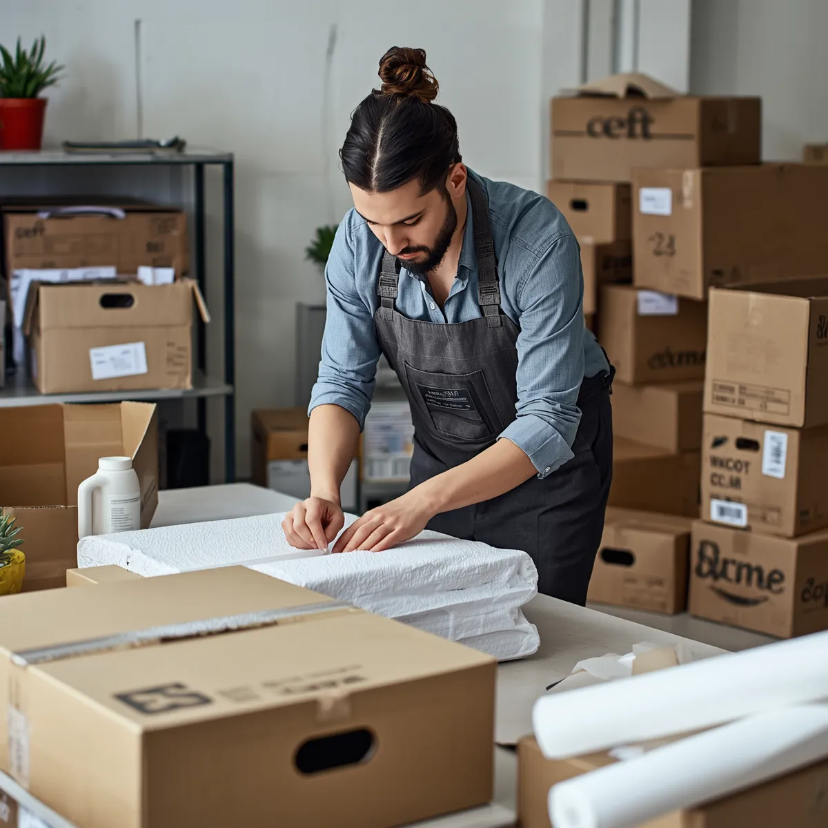 Professional packing service wrapping and protecting household items with packing materials safely