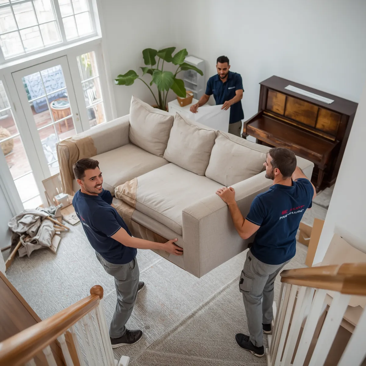 Movers carefully carrying sofa furniture inside a home - professional furniture moving and delivery