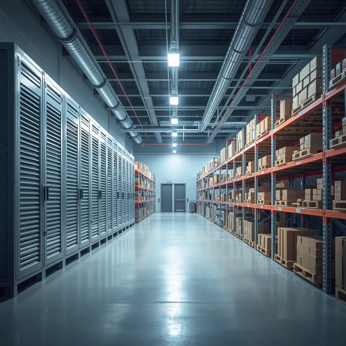 Secure warehouse storage facility with organized boxes and storage lockers - safe storage solutions