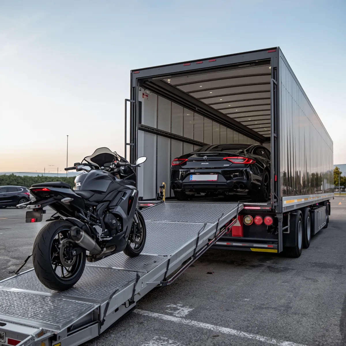 Vehicle transport service loading car and motorcycle into enclosed truck - safe auto relocation