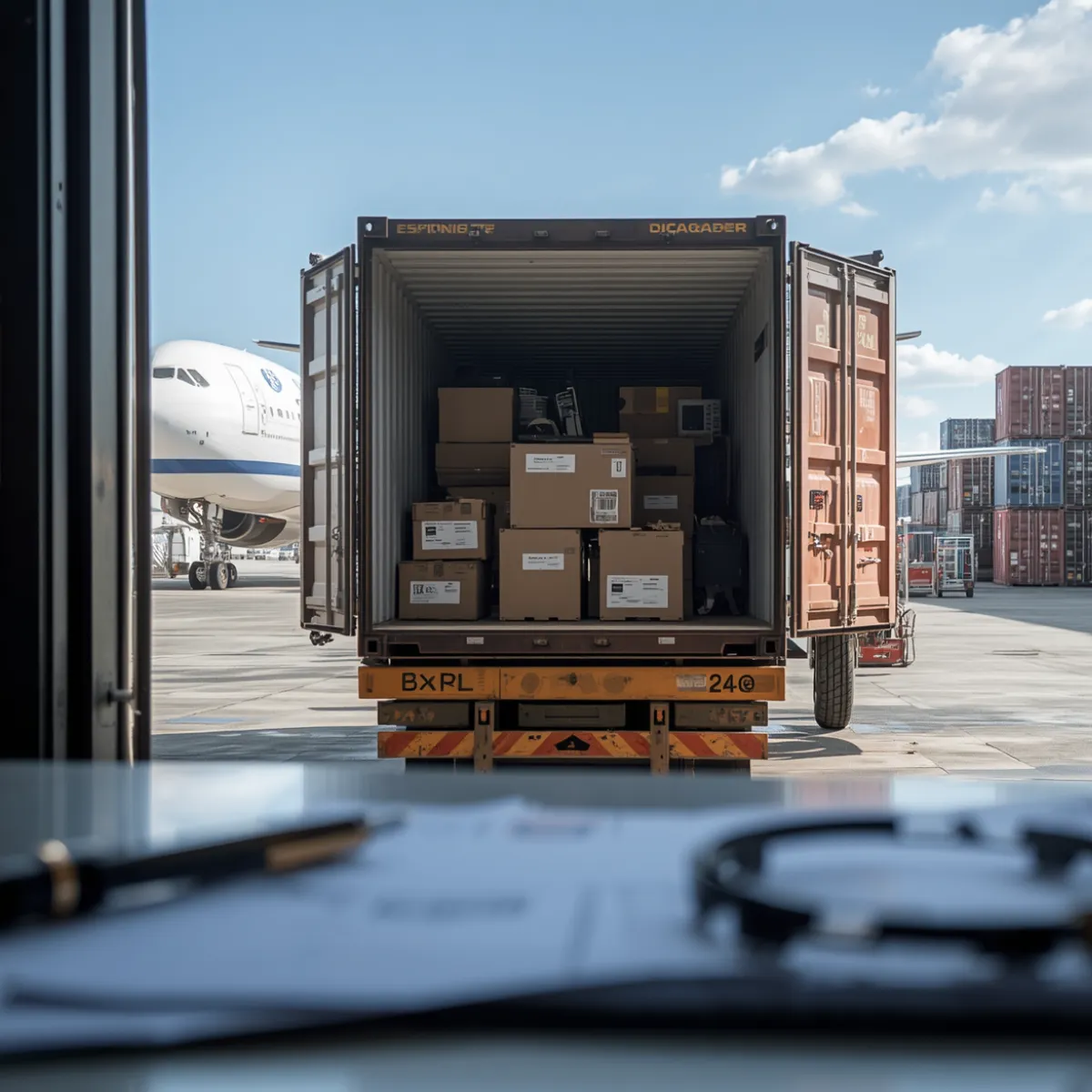 International relocation cargo boxes loaded near airplane - overseas shipping and air freight service